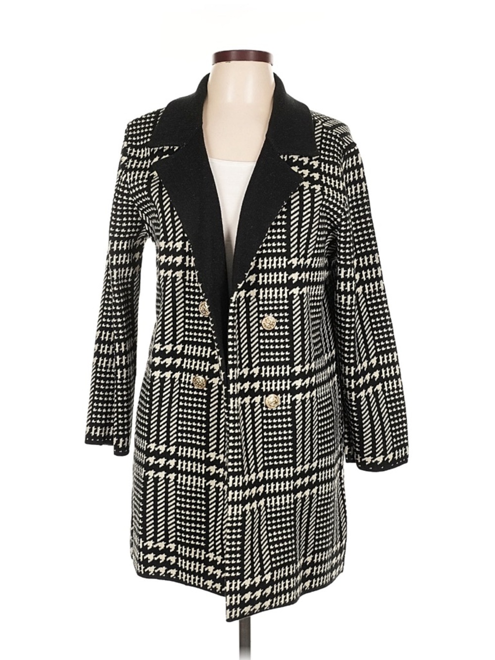 Anne Klein Black White Houndstooth Plaid Coat Large Classic Chic